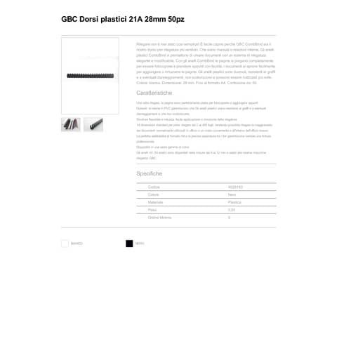 Dorsi plastici a 21 anelli GBC CombBind 28 mm A4 nero - fino a 240 fogli conf da 50 dorsi - 4028183